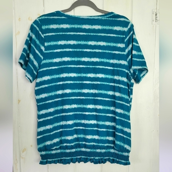 Lane Bryant Crew Neck Teal Stripe Elastic Bottom Tee - Picture 5 of 9